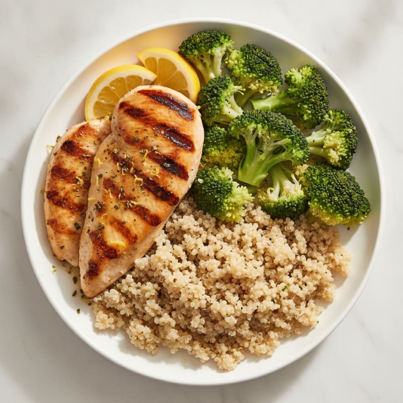 Grilled Chicken Breast with Steamed Broccoli and Quinoa