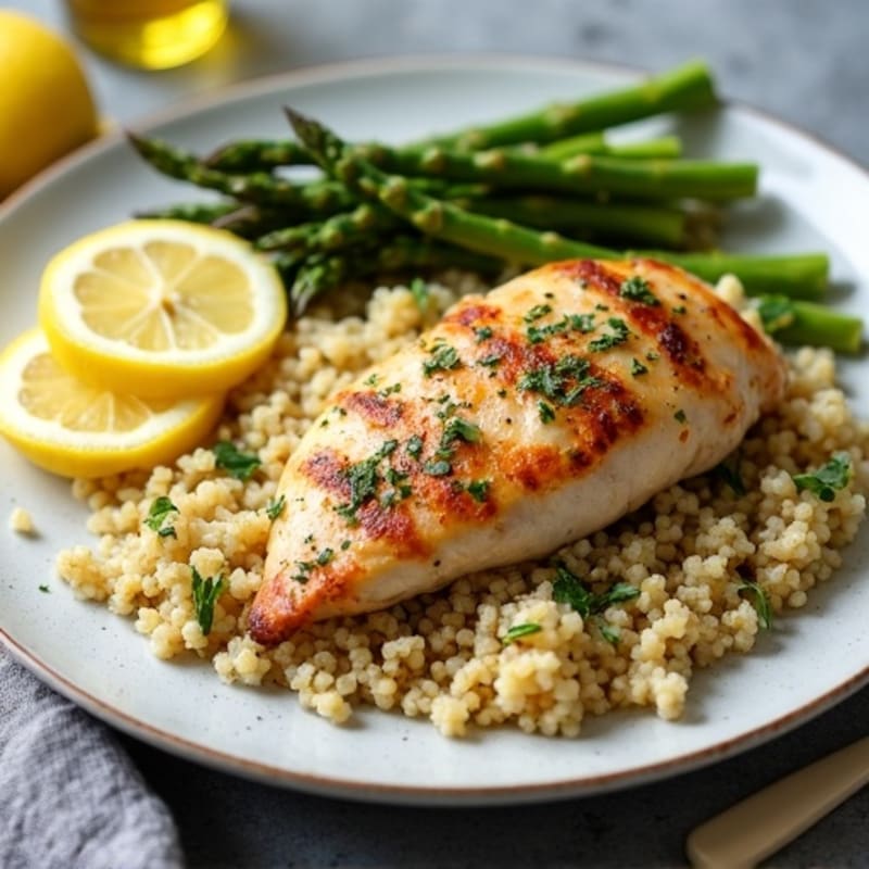Sheet Pan Lemon Herb Roasted Chicken and Crispy Asparagus with Quinoa