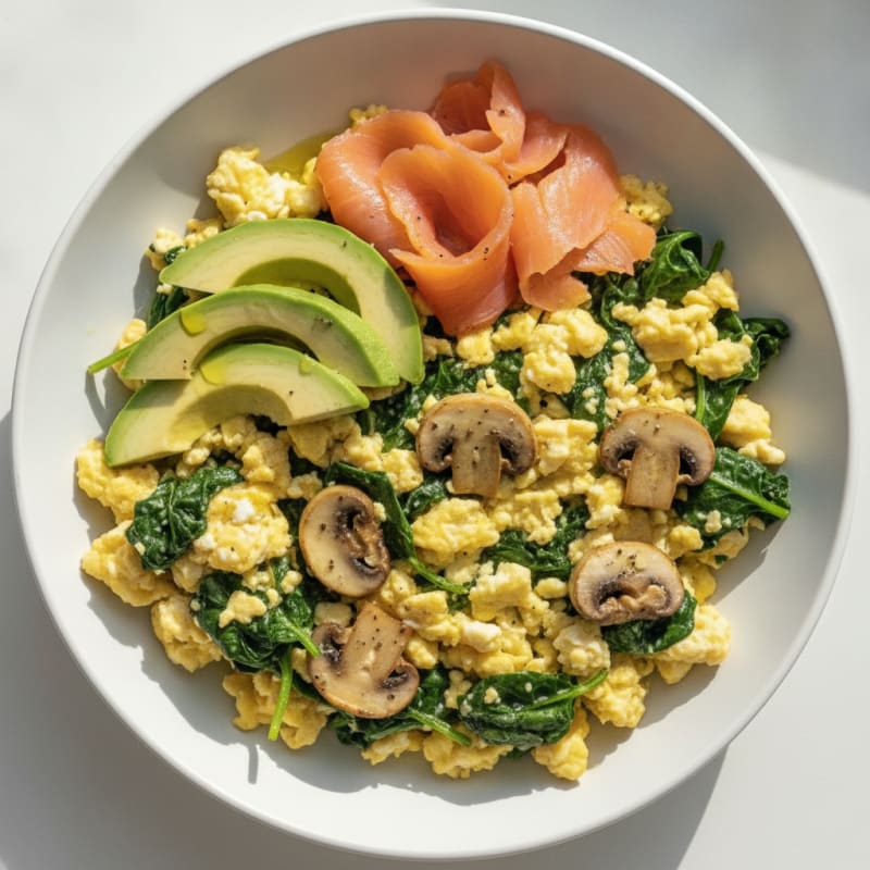 Egg and Spinach Scramble with Sautéed Mushrooms and Avocado