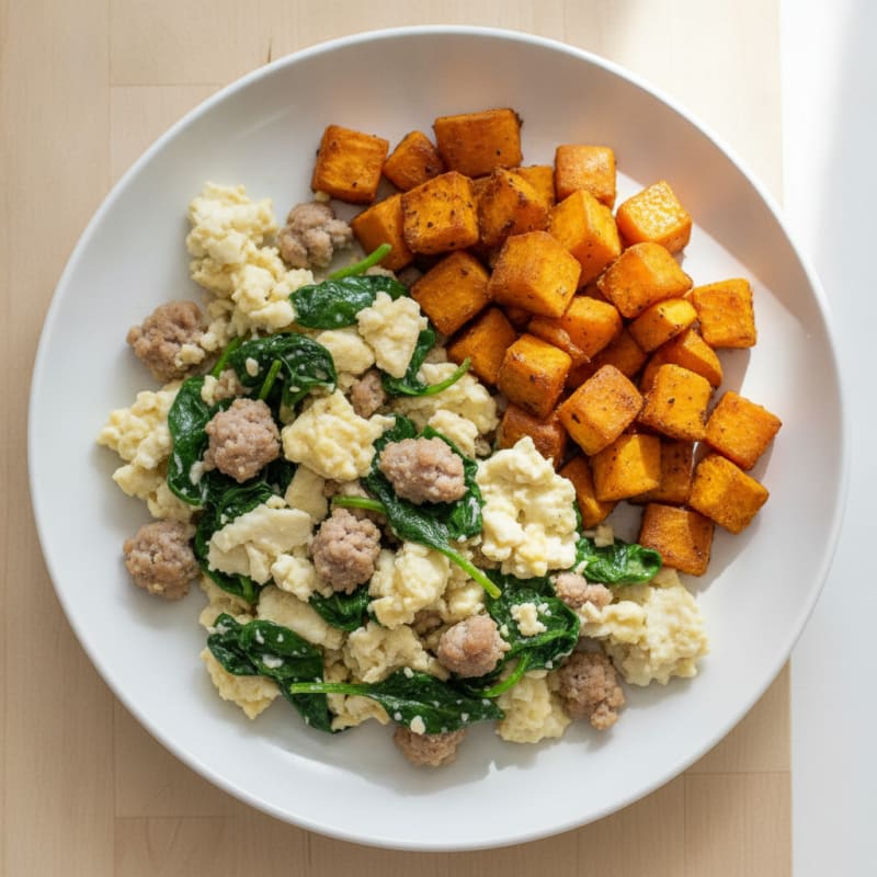 Egg White and Turkey Sausage Scramble with Spinach and Roasted Sweet Potato