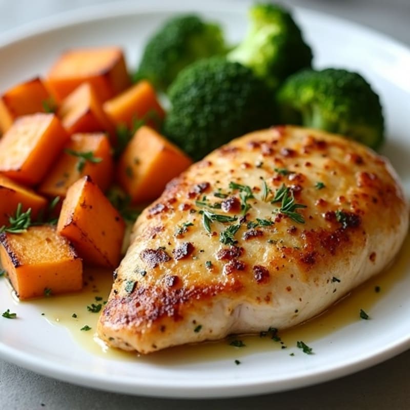 Garlic Herb Roasted Chicken Breast with Sweet Potatoes and Broccoli