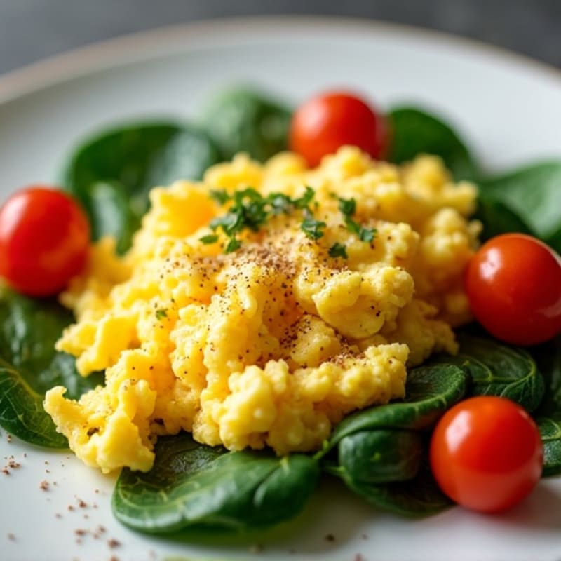 Fluffy Scrambled Eggs with Fresh Spinach and Cherry Tomatoes