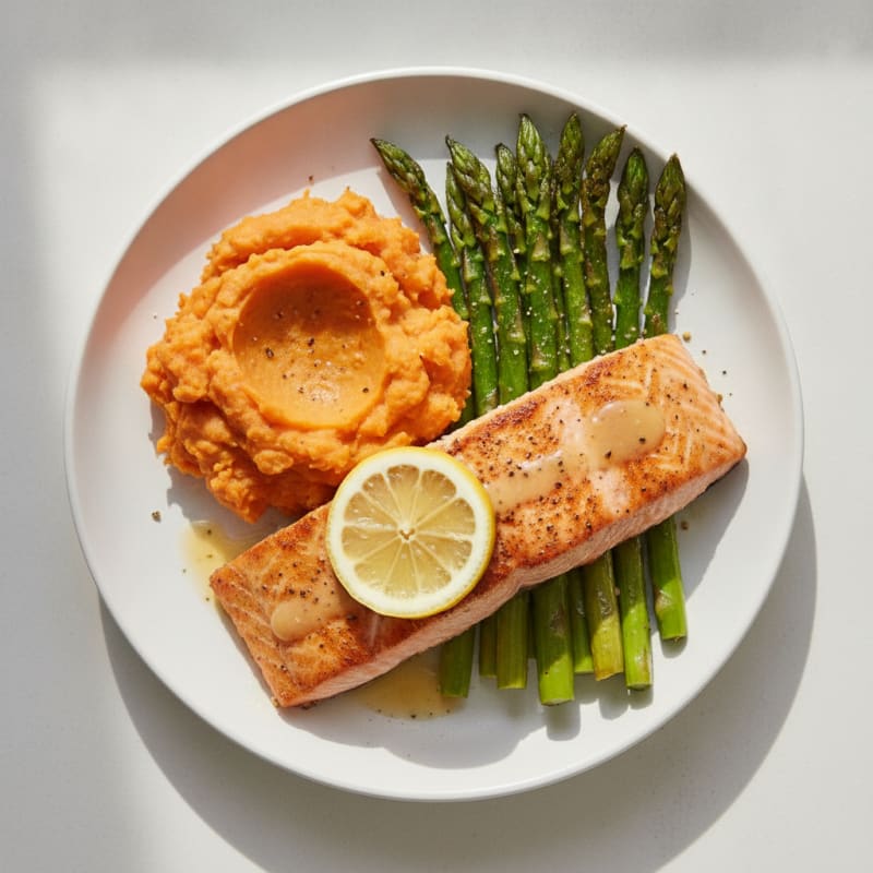 Seared Salmon with Roasted Asparagus and Sweet Potato Mash