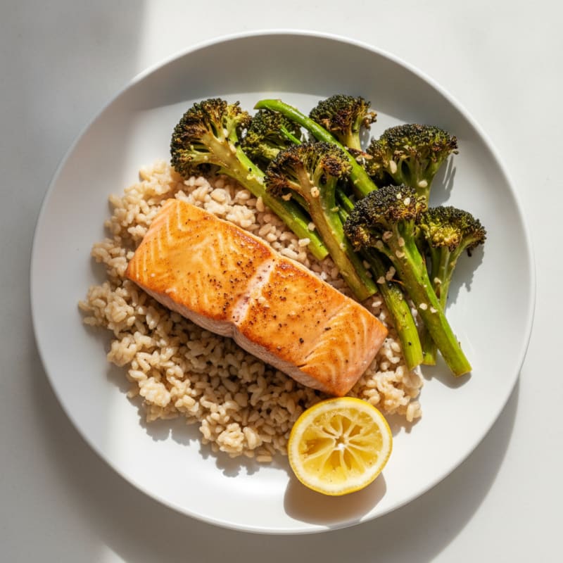 Seared Salmon with Garlic Roasted Broccoli and Brown Rice