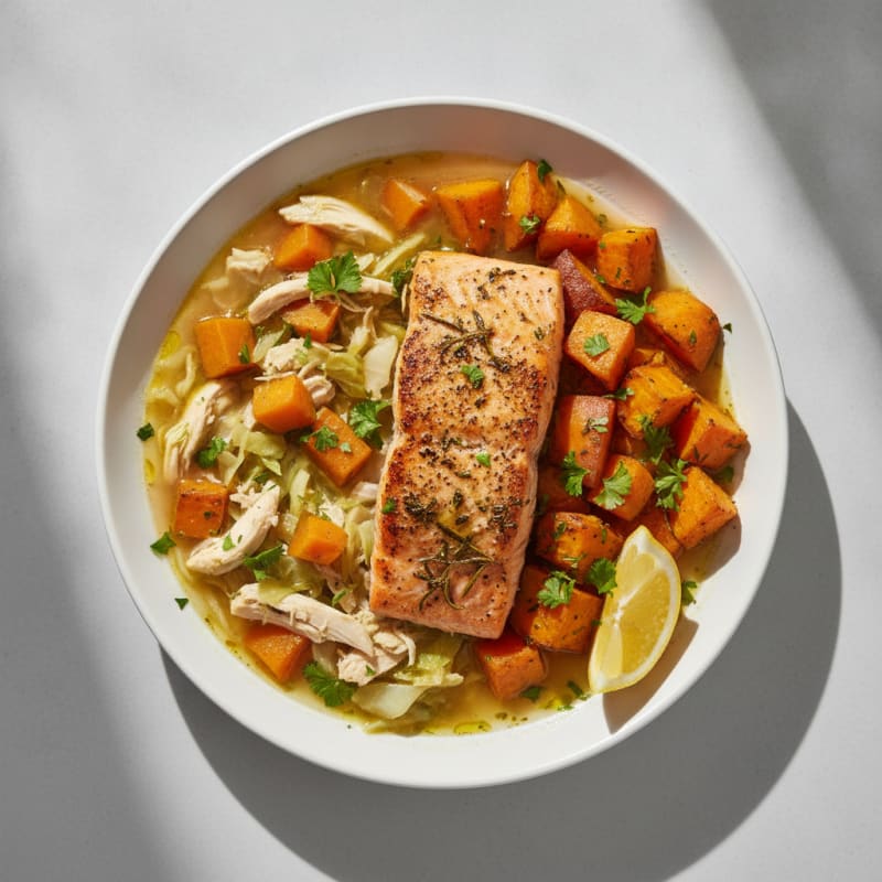 Herb-Roasted Salmon with Sweet Potato and Cabbage Soup