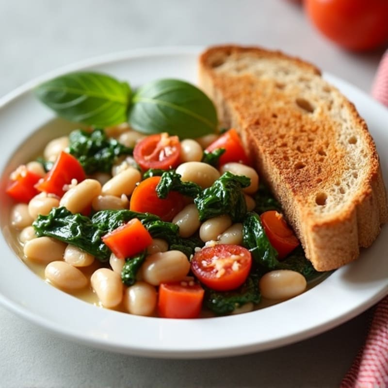 White Bean and Spinach Tomato Sauté with Crispy Toast