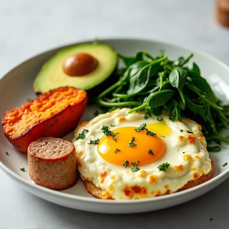 Egg White and Turkey Sausage Scramble with Spinach and Roasted Sweet Potato