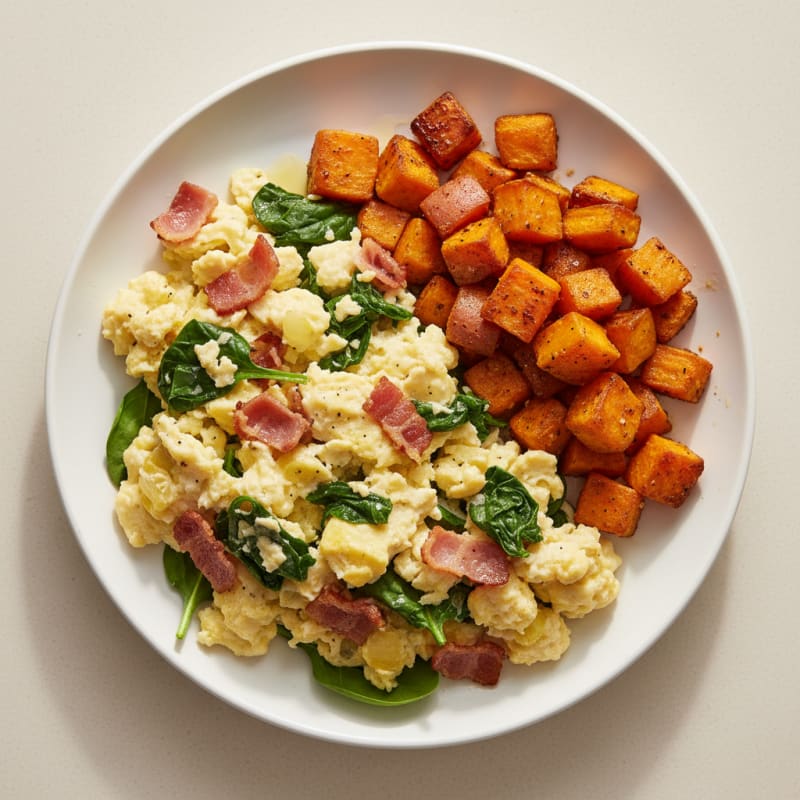 Crispy Turkey Bacon and Spinach Scramble with Roasted Sweet Potatoes