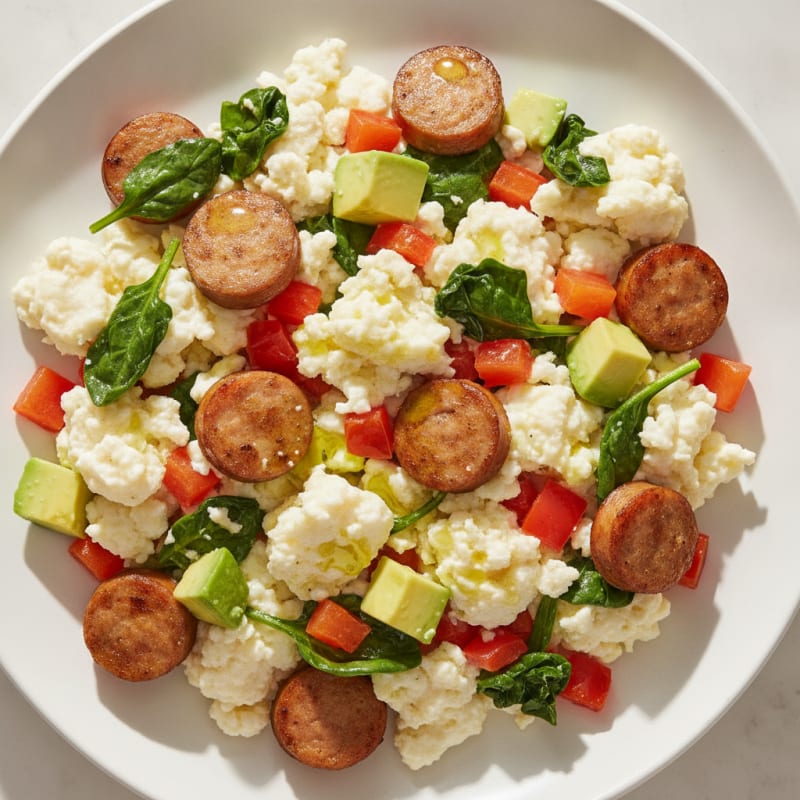 Egg White and Turkey Sausage Scramble with Spinach and Bell Peppers