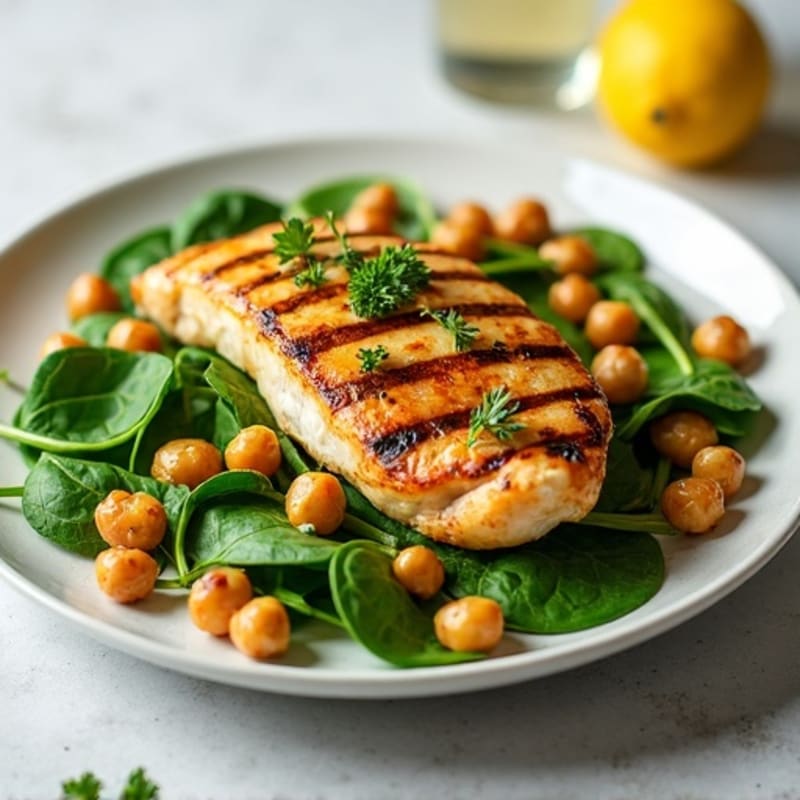 Grilled Lemon Herb Chicken with Fresh Greens and Crispy Chickpeas
