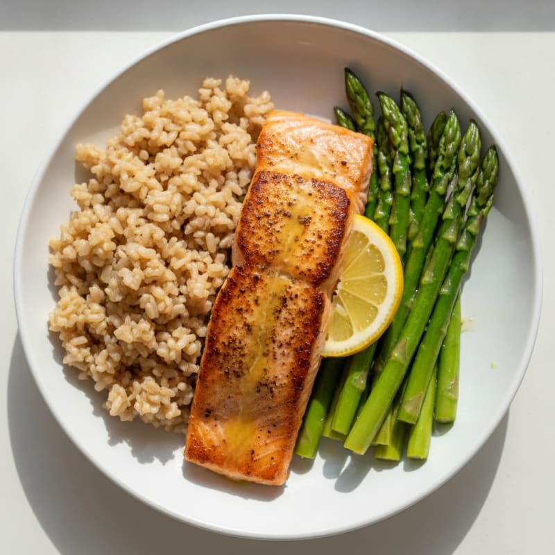Seared Salmon with Steamed Asparagus and Brown Rice