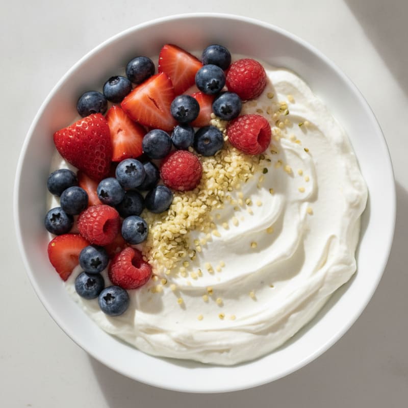 Silky Protein Yogurt Bowl with Mixed Berries and Vanilla Protein Powder