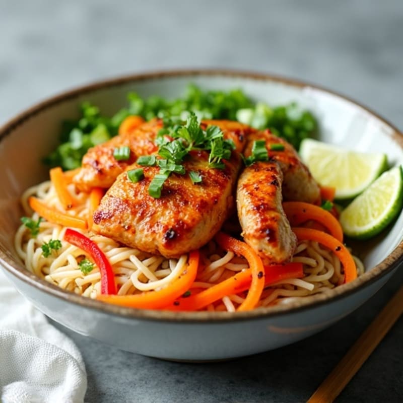 Spicy Sriracha Chicken and Fresh Vegetable Noodle Bowl