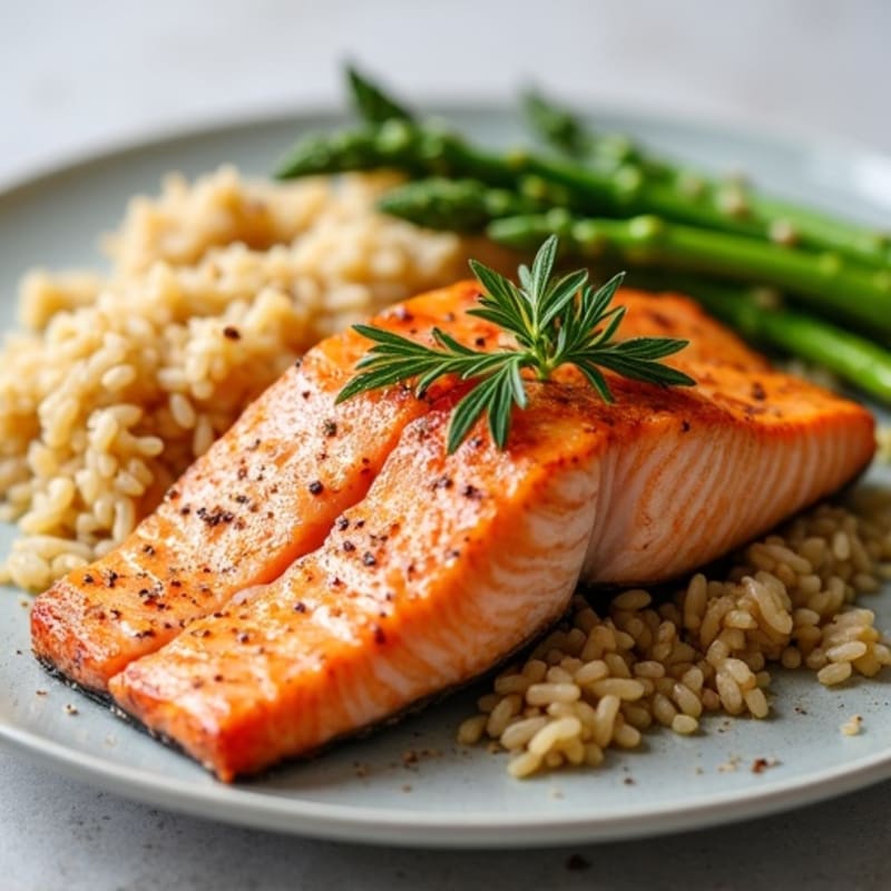 Seared Salmon with Steamed Asparagus and Brown Rice