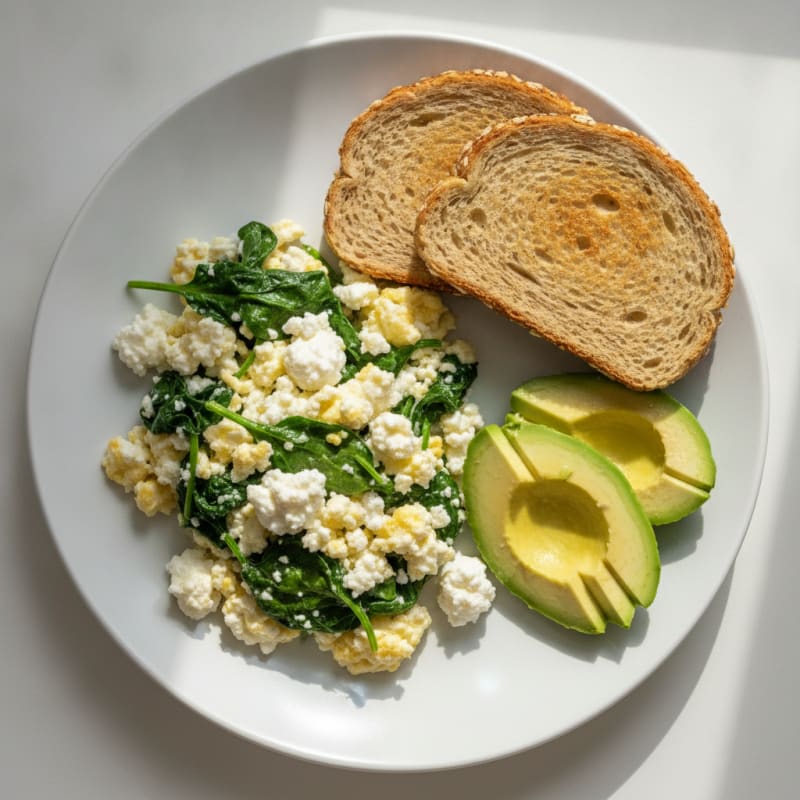 Cottage Cheese Egg White Scramble with Sautéed Spinach