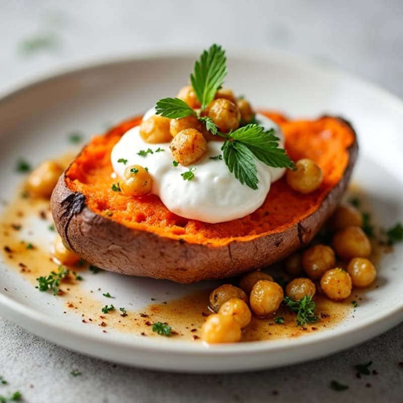 Herb-Roasted Sweet Potato with Greek Yogurt and Crispy Chickpeas