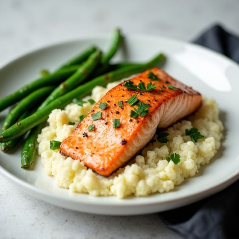 Seared Salmon with Steamed Green Beans and Cauliflower Mash