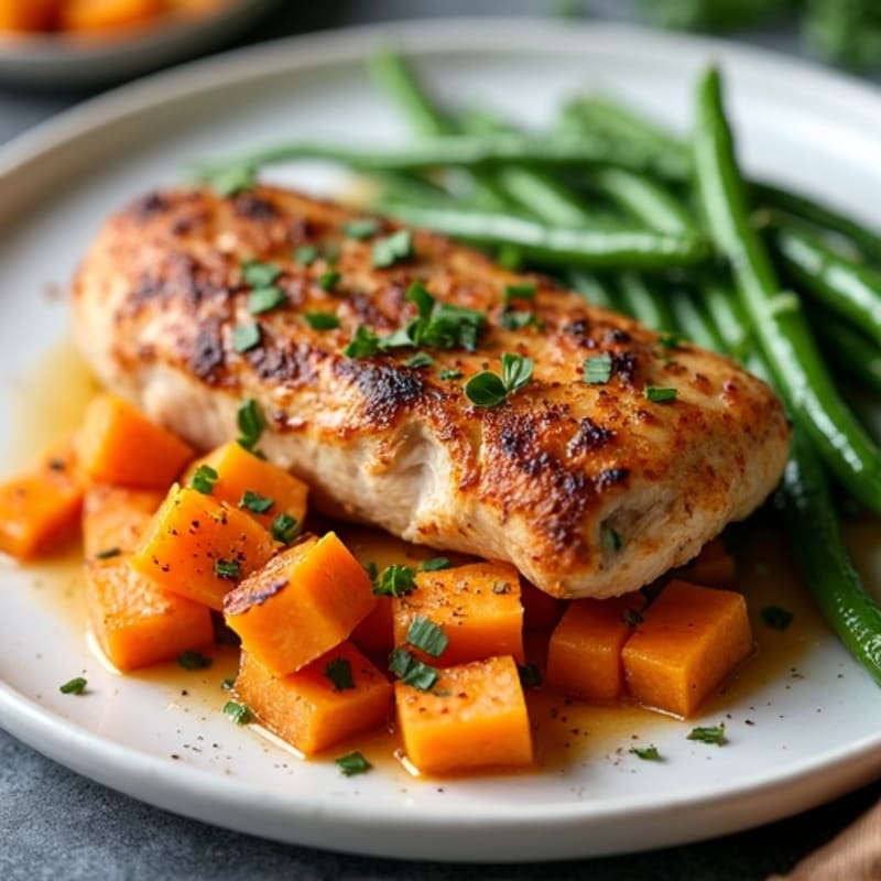 Roasted Chicken with Sweet Potatoes and Crispy Green Beans