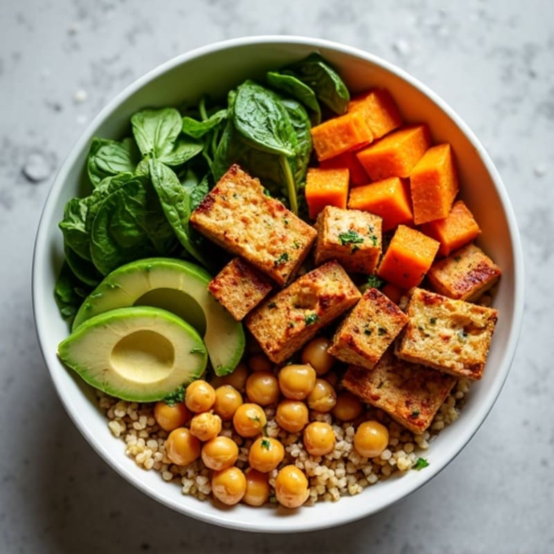 Roasted Sweet Potato Quinoa Buddha Bowl with Crispy Chickpeas