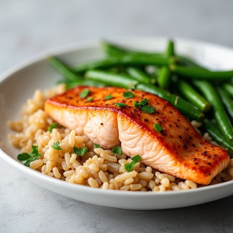 Seared Salmon with Garlic Green Beans and Brown Rice