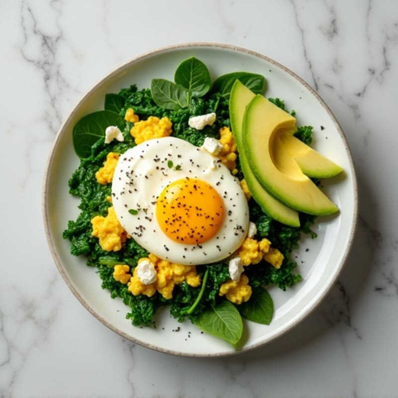 Egg White Spinach Scramble with Cottage Cheese and Sliced Avocado