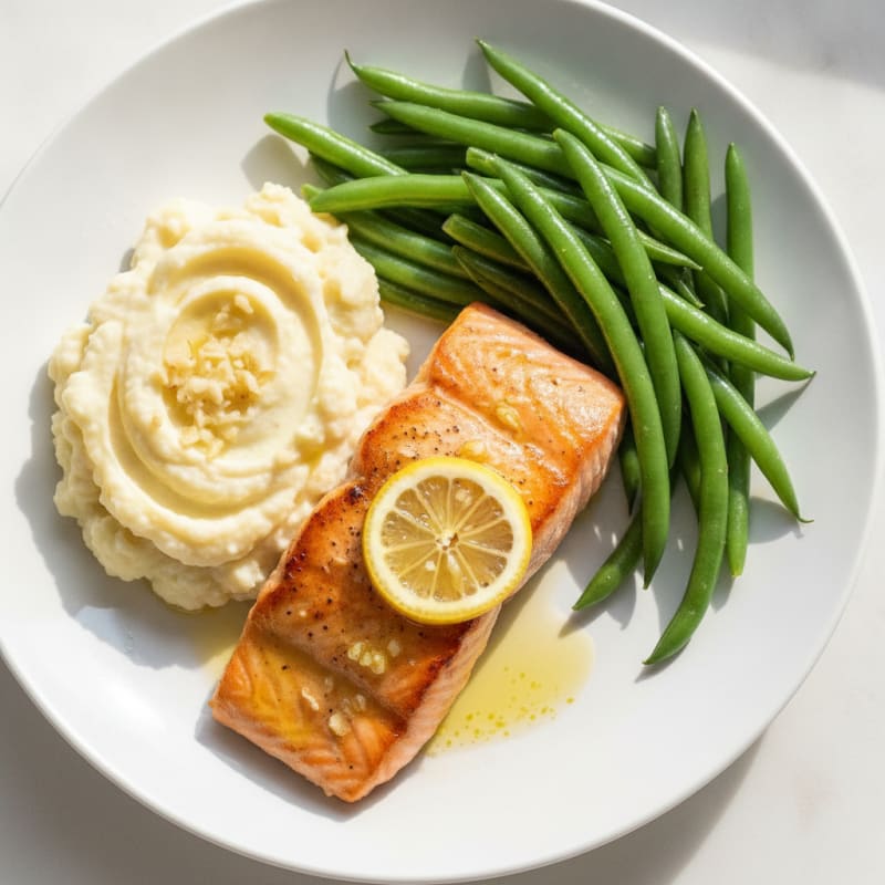 Seared Salmon with Steamed Green Beans and Garlic Mashed Cauliflower