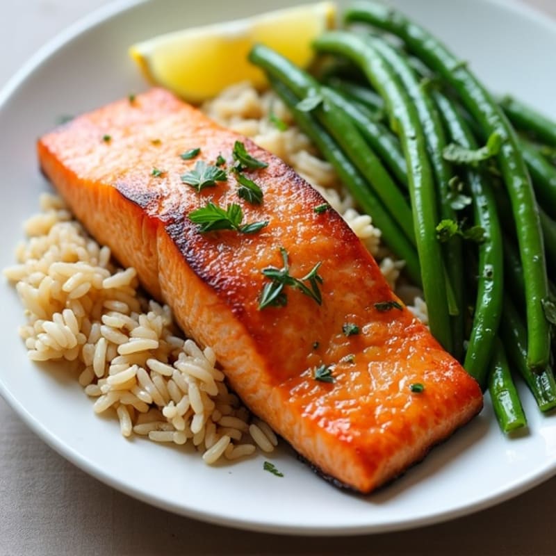 Seared Salmon with Garlic Green Beans and Brown Rice