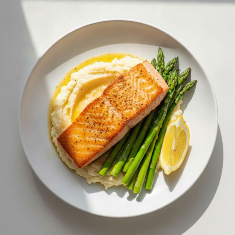Seared Salmon with Steamed Asparagus and Garlic Cauliflower Mash