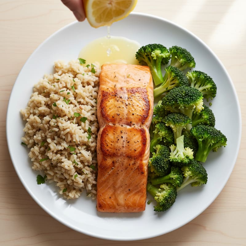 Seared Salmon with Steamed Broccoli and Herb Rice