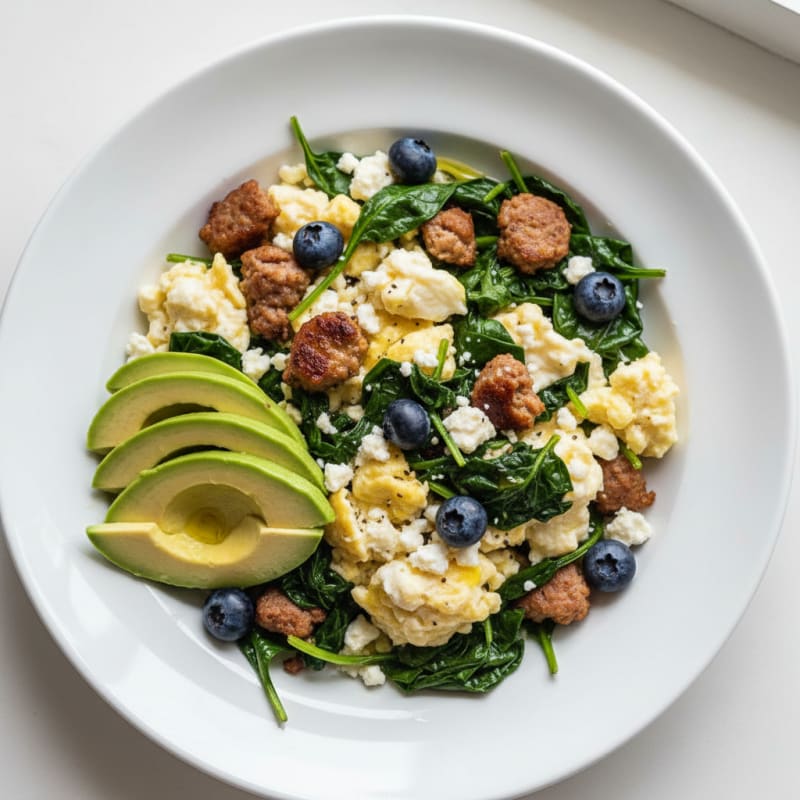 Egg White Scramble with Turkey Sausage and Sautéed Spinach