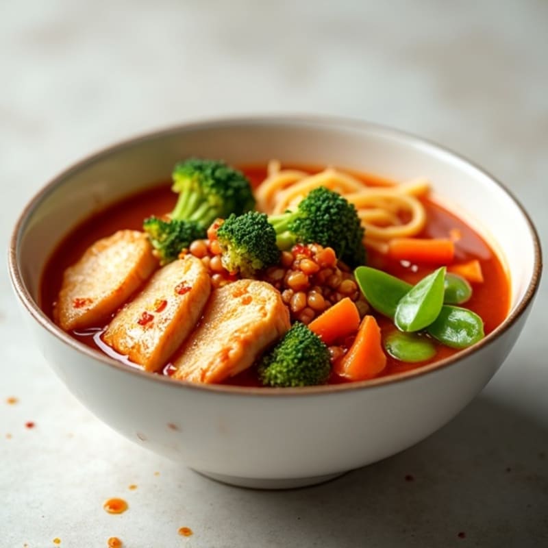 Spicy Sriracha Chicken Ramen with Fresh Vegetables