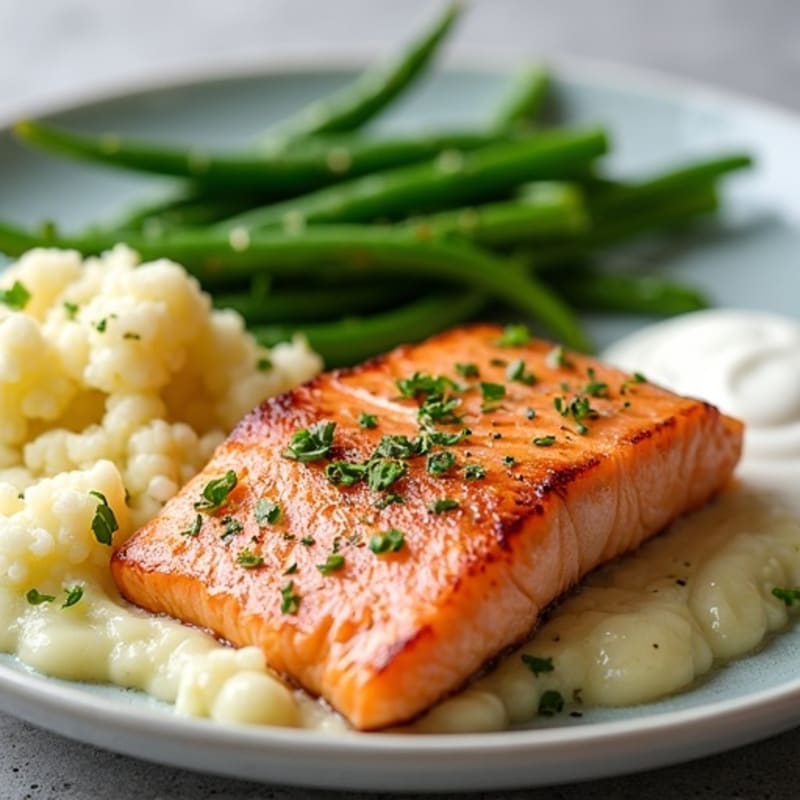 Seared Salmon with Garlic Green Beans and Cauliflower Mash