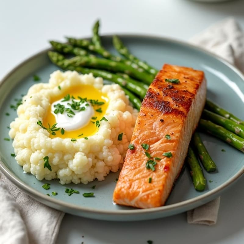 Seared Salmon with Steamed Asparagus and Garlic Mashed Cauliflower