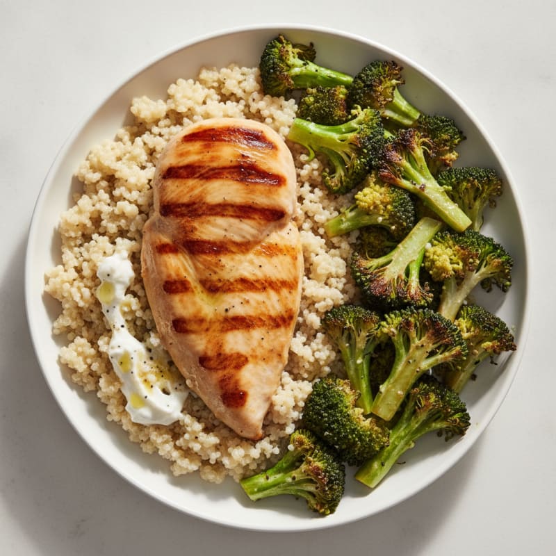 Grilled Chicken Breast with Creamy Quinoa and Roasted Broccoli
