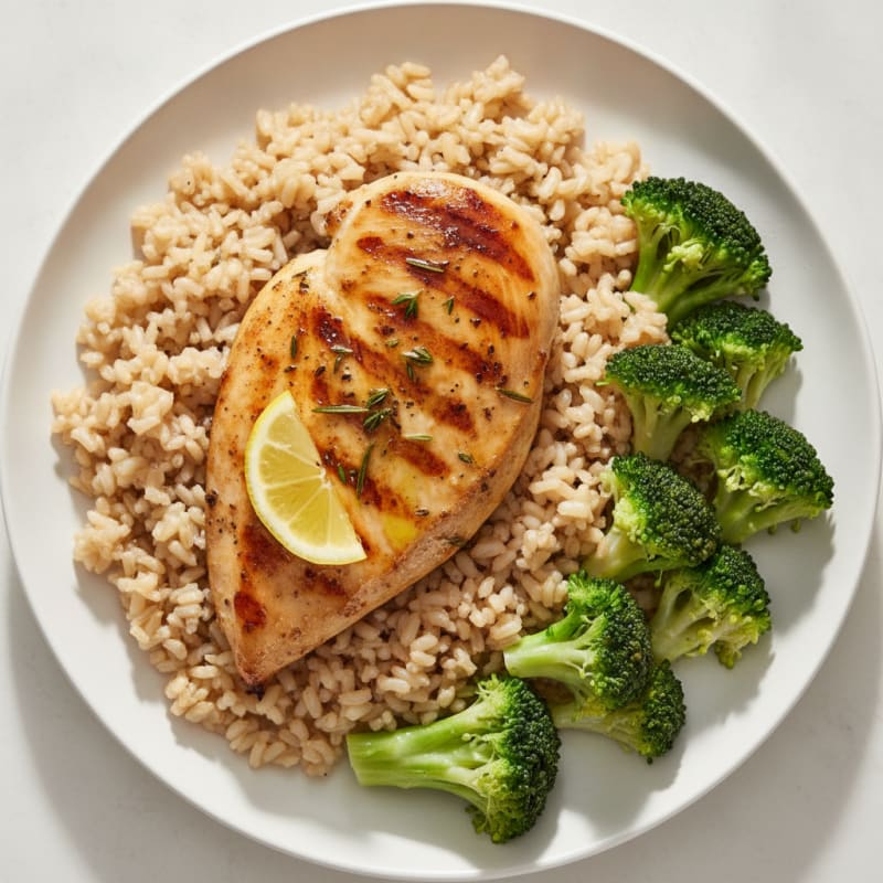 Grilled Chicken Breast with Brown Rice and Steamed Broccoli