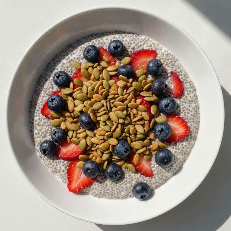 Creamy Chia Seed Pudding with Mixed Berries and Pumpkin Seeds