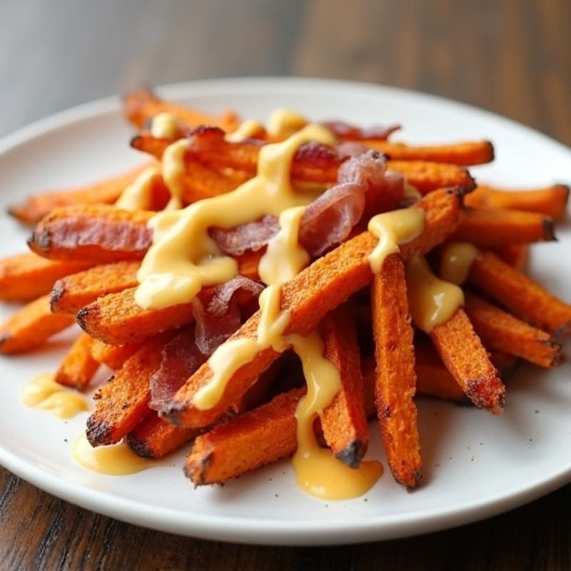 Crispy Baked Sweet Potato Fries with Lean Turkey Bacon and Creamy Cheddar Sauce