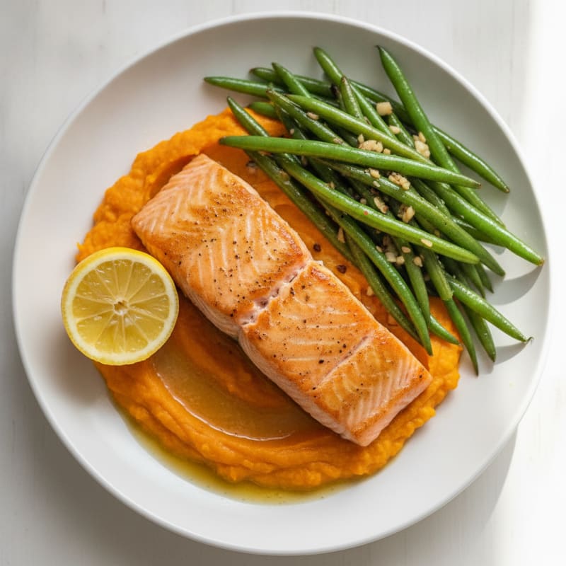 Seared Salmon Fillet with Garlic Green Beans and Sweet Potato Mash