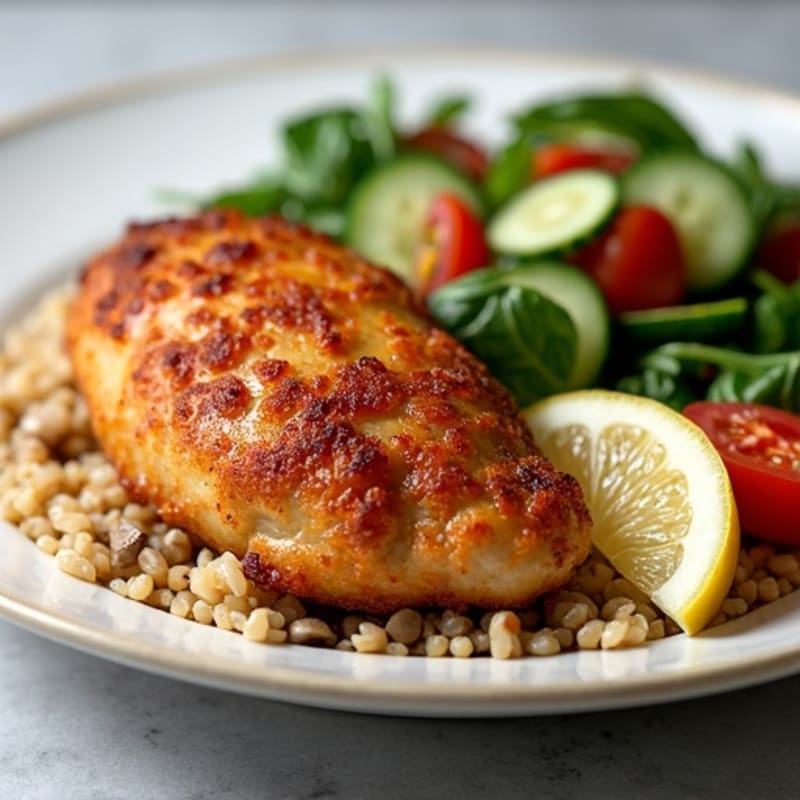 Crispy Lemony Tomato Chicken Thighs with Mushroom Spinach Rice and Fresh Cucumber Tomato Salad