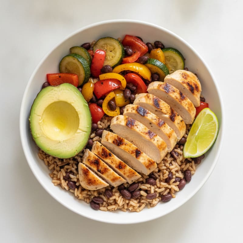 Grilled Chicken and Veggie Bowl with Brown Rice and Black Beans
