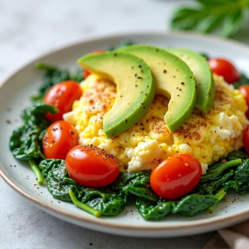 Cottage Cheese Egg White Scramble with Sautéed Spinach and Tomatoes