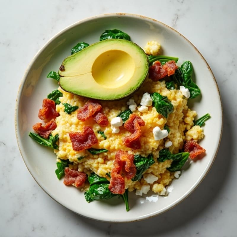Egg White Spinach Scramble with Cottage Cheese, Turkey Bacon & Avocado