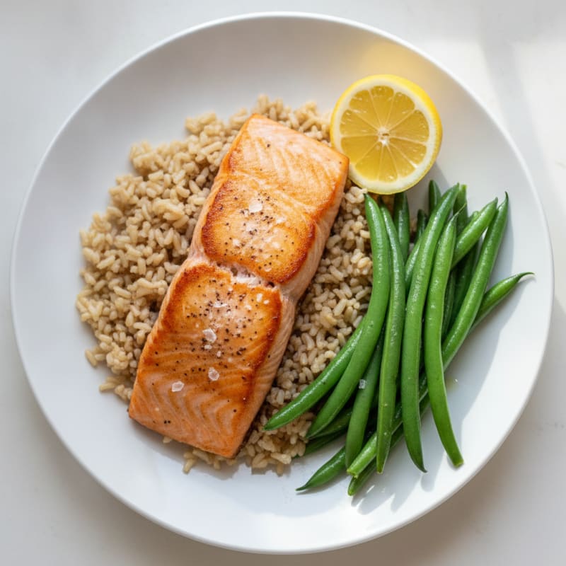 Seared Salmon Fillet with Steamed Green Beans and Brown Rice