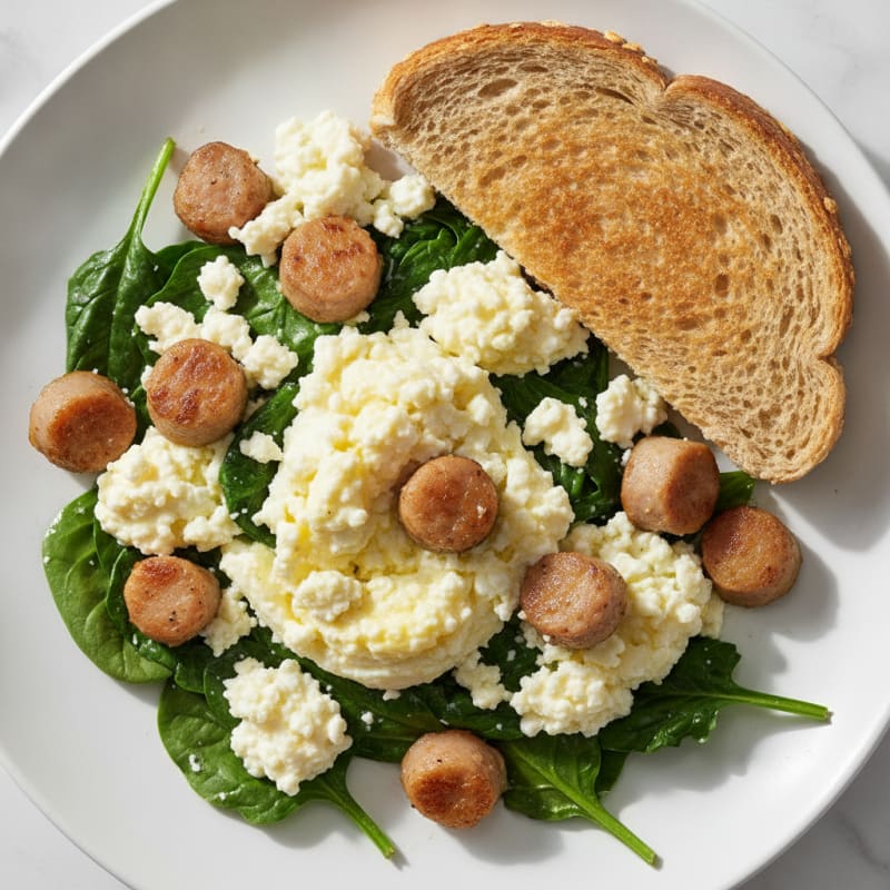 Cottage Cheese Egg White Scramble with Turkey Sausage and Sautéed Spinach