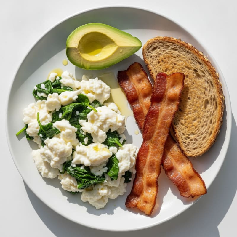 Scrambled Egg Whites with Sautéed Spinach and Turkey Bacon