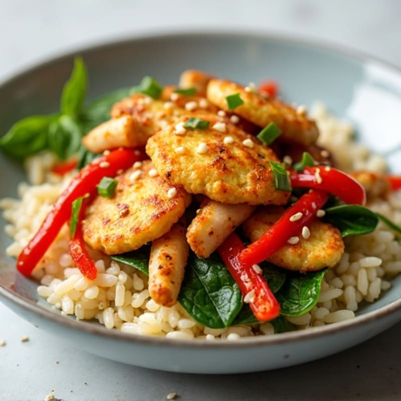 Chewy Rice Cakes with Spicy Garlic Chicken and Vibrant Vegetables