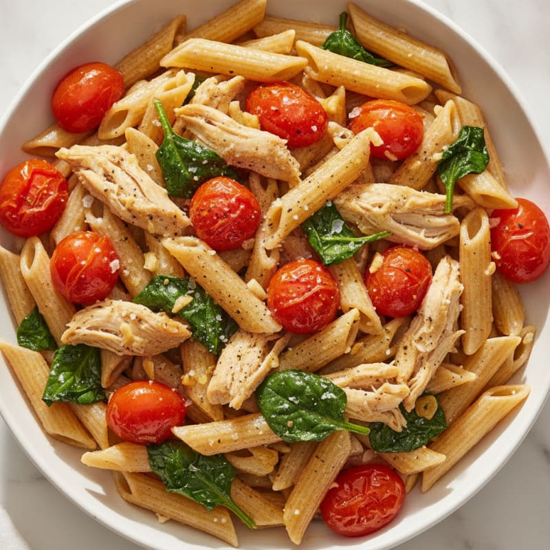 Shredded Chicken Pasta with Roasted Tomatoes