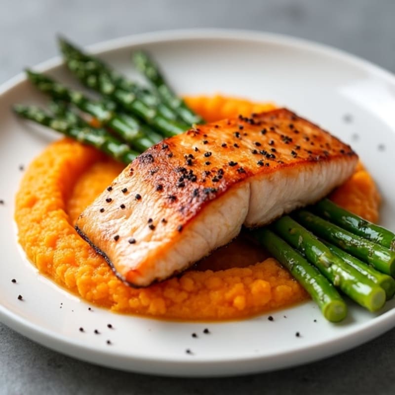 Pan-Seared Salmon with Steamed Asparagus and Sweet Potato Mash