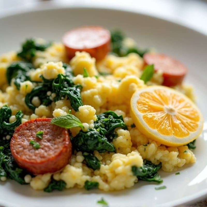Egg White Scramble with Turkey Sausage and Sautéed Spinach
