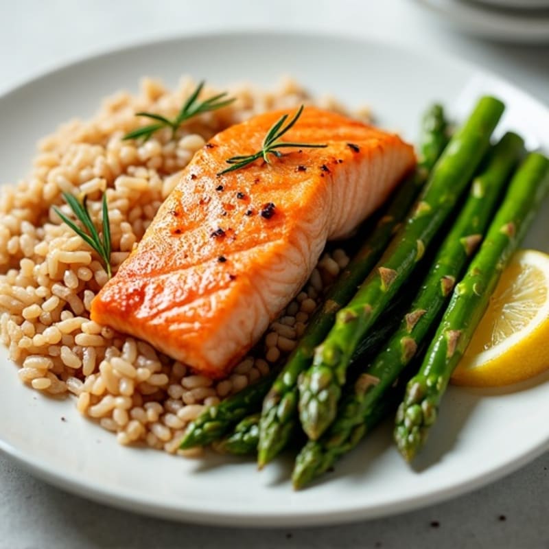 Seared Salmon with Steamed Asparagus and Brown Rice